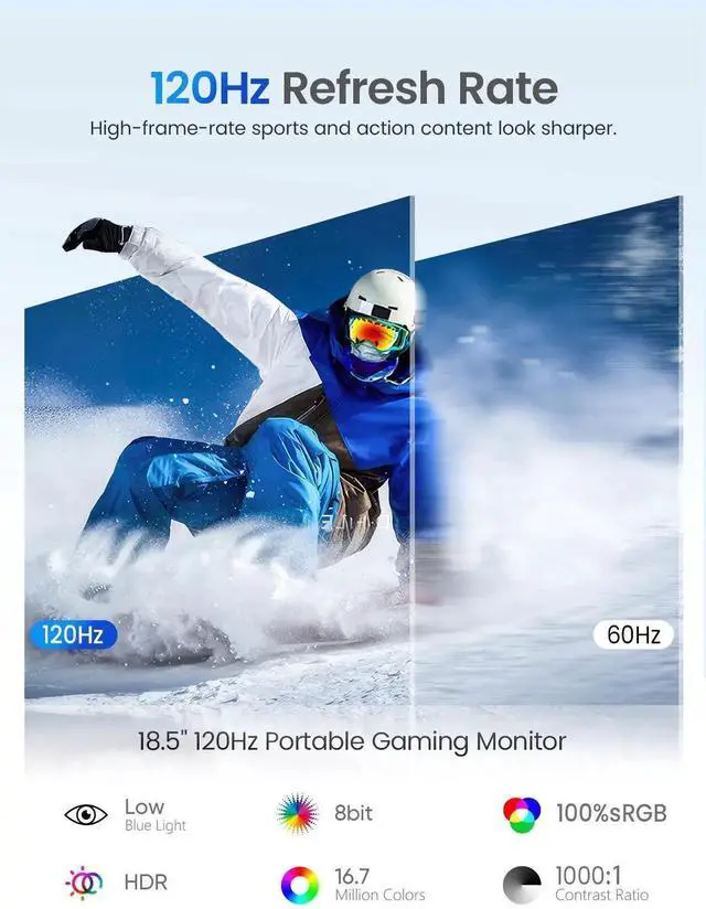 Alt view image 2 of 7 - UPERFECT 18.5" 120Hz Touchscreen Portable Monitor 1080P For Xbox PS Gaming Monitor 120Hz w/180° Adjustable Stand &VESA