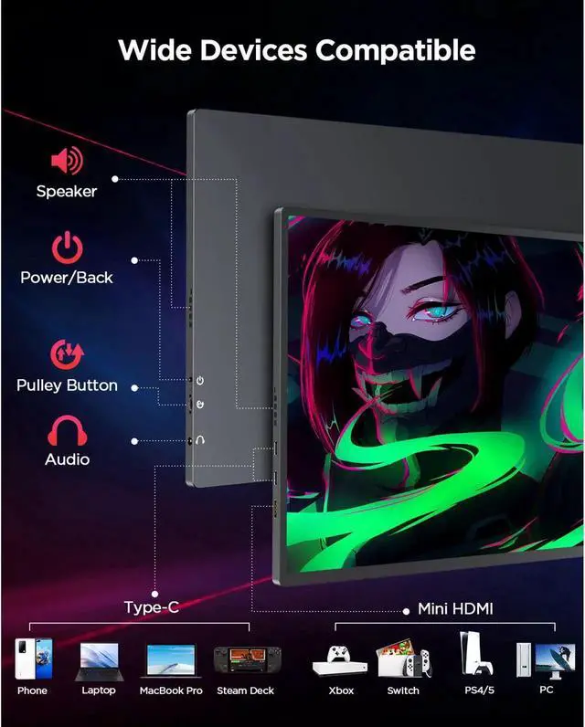 Alt view image 4 of 6 - UPERFECT 16" Portable Monitor 2K 144HZ HDR FreeSync Portable Gaming Monitor For Laptop, PS5, Xbox, Switch