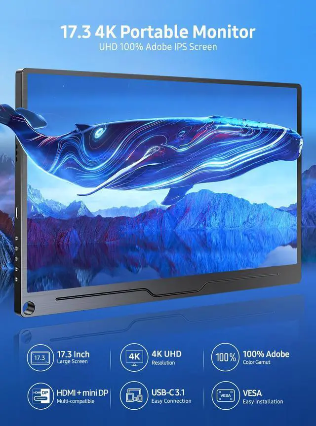 Alt view image 2 of 7 - UPERFECT 17.3" 4K UHD Portable Monitor with 100% AdobeRGB, 500 Nits, FreeSync, HDR, Dual Type-C, HDMI, Eye Care, VESA, Smart Cover - For Laptops, PCs, Phones