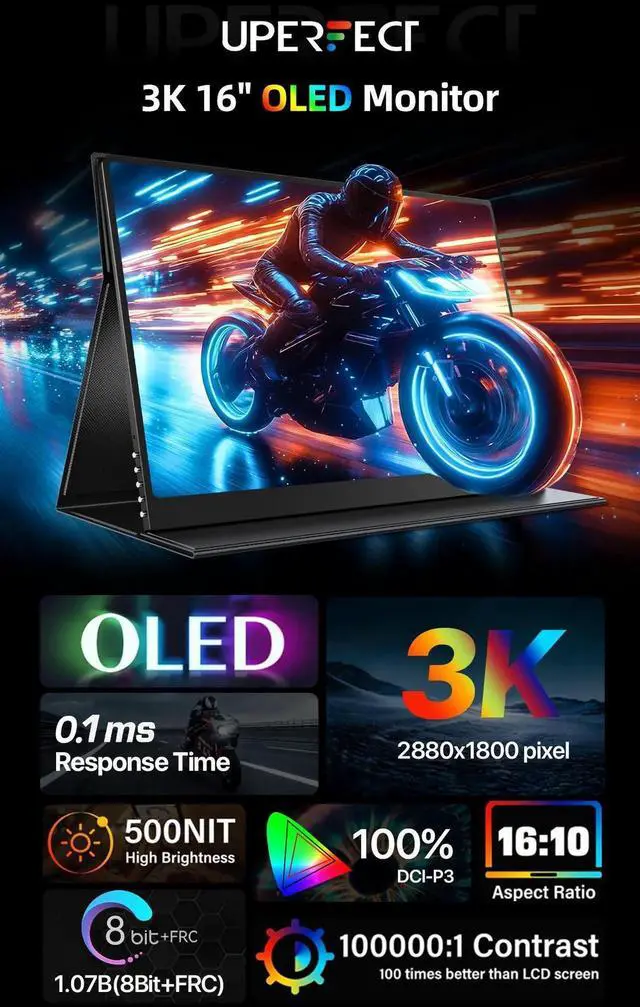 Alt view image 2 of 7 - UPERFECT 16" OLED Portable Monitor - 3K 2880x1800, 120Hz, 0.1ms, 500 Nits, 100% DCI-P3, 100000:1 Contrast, Ultra-Slim Design for Laptops, Mini PCs, Phones, Game Consoles