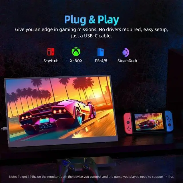 Alt view image 5 of 7 - UPERFECT 144HZ Gaming Monitor W/ Kickstnd, 17.3" 1080P Portable Monitor for Laptop PS5 Nintendo Xbox, VESA Mountable