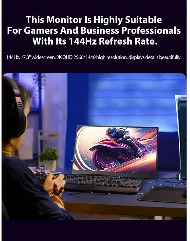 Alt view image 4 of 7 - UPERFECT 17.3" 2K 144Hz Portable Monitor, 2K QHD IPS Screen with HDR, AMD FreeSync for PS5, Xbox, Steam Deck - Esports Ready Portable Display with VESA Mount