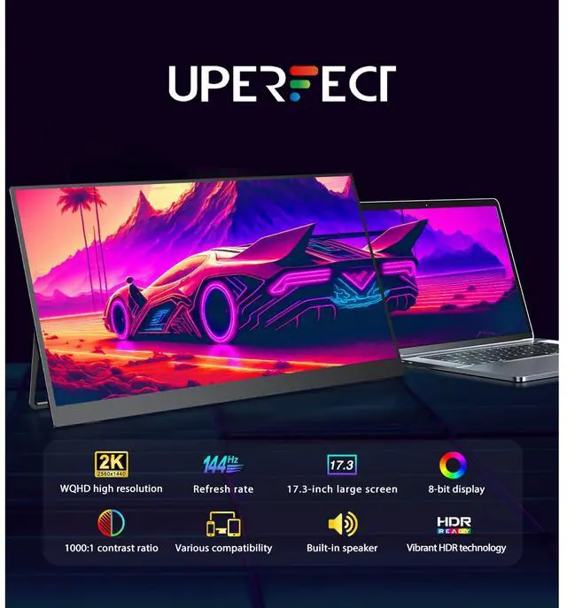 Alt view image 5 of 7 - UPERFECT 17.3" 2K 144Hz Portable Monitor, 2K QHD IPS Screen with HDR, AMD FreeSync for PS5, Xbox, Steam Deck - Esports Ready Portable Display with VESA Mount