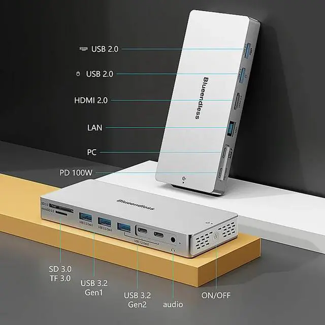 Alt view image 7 of 7 - UPERFECT 14 in 1 USB C Hub, USB C Docking Station Dual Monitor, Adapter with HDMI(4K60Hz), Ethernet, 3 USB 10G,100W PD, SD/TF, Audio, Laptop Docking Station for Dell/HP/Lenovo/ThinkPad/Surface
