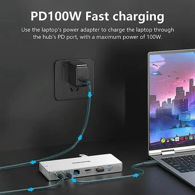 Alt view image 5 of 7 - UPERFECT 14 in 1 USB C Hub, USB C Docking Station Dual Monitor, Adapter with HDMI(4K60Hz), Ethernet, 3 USB 10G,100W PD, SD/TF, Audio, Laptop Docking Station for Dell/HP/Lenovo/ThinkPad/Surface