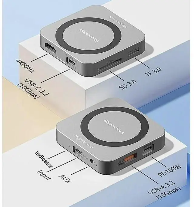 Alt view image 7 of 7 - Uperfect 8-in-1 Magnetic USB-C Hub, 4K@60Hz HDMI, 100W PD Charging, 10Gbps USB-C, SD/TF Card Readers, 3.5mm Audio Compatible with MacBook, iPad Pro, and iPhone