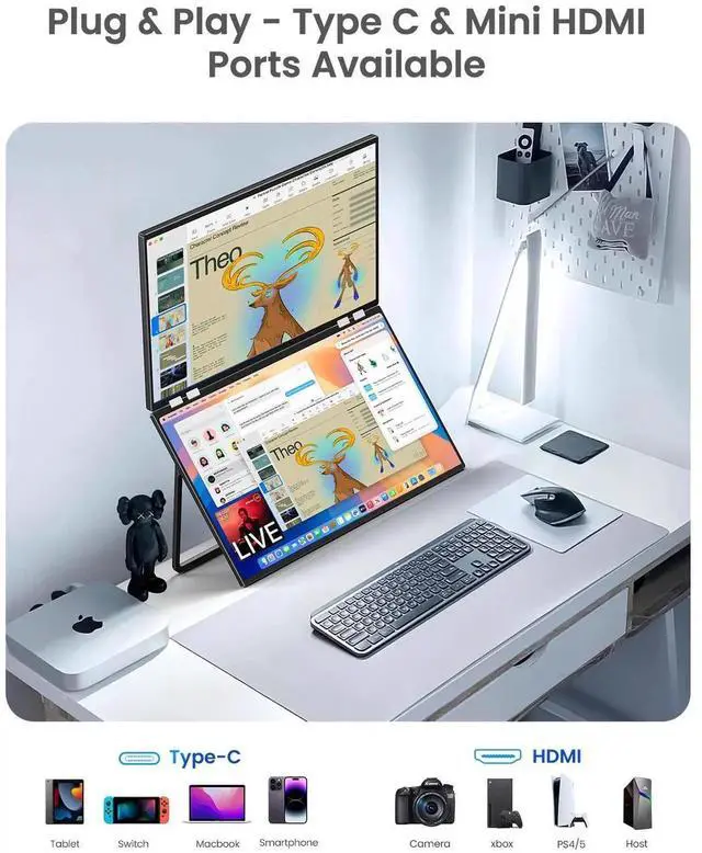 Alt view image 6 of 7 - UPERFECT Delta 23.8" 100Hz Dual Monitor Portable Screen Extender with 1080P HDR, 360° Folding, VESA Mount for Laptop, PC, Phone, Game Console (No Driver Needed)