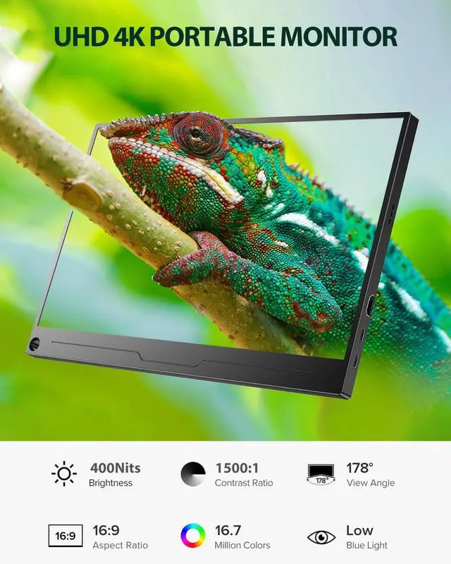 Alt view image 2 of 7 - UPERFECT 14" 4K Portable Monitor, 3840×2160 UHD IPS Display, 60Hz AMD FreeSync, HDR, 400 cd/m², 100% sRGB, USB-C, Lightweight Travel Gaming Monitor for Laptop
