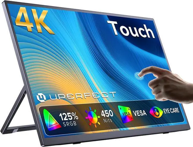 Main image of UPERFECT 15.6" 4K Portable Touchscreen Monitor, 3840x2160 UHD 125% sRGB 450 Nits, 10-Point Touch, 2000:1 Contrast, USB-C & Mini HDMI, VESA & Built-in Stand, Second Screen for Laptop PC Game Consoles