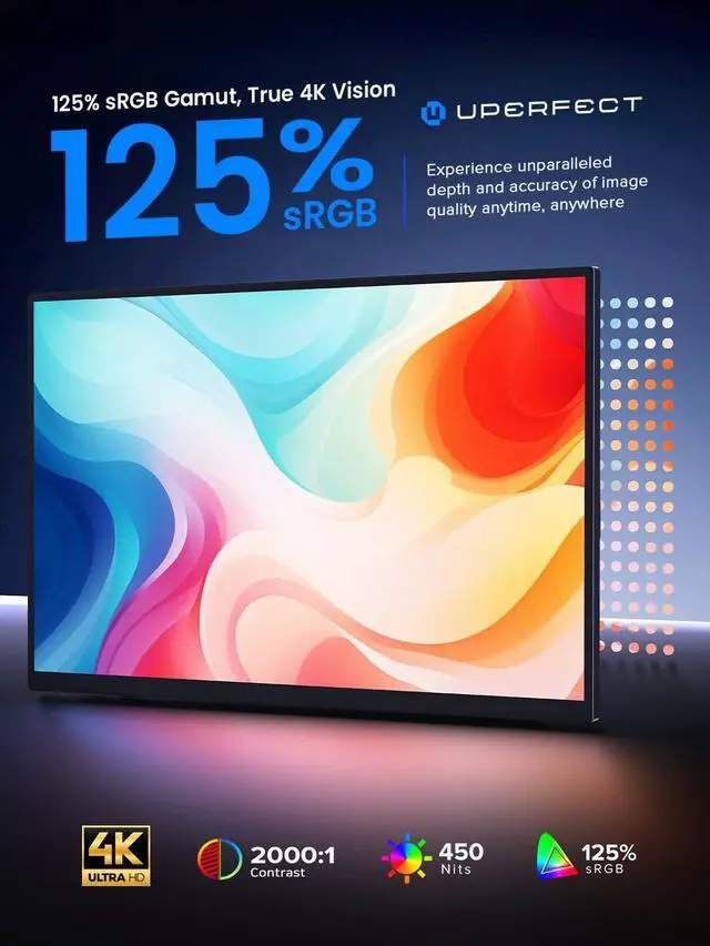Alt view image 4 of 7 - UPERFECT 15.6" 4K Portable Touchscreen Monitor, 3840x2160 UHD 125% sRGB 450 Nits, 10-Point Touch, 2000:1 Contrast, USB-C & Mini HDMI, VESA & Built-in Stand, Second Screen for Laptop PC Game Consoles