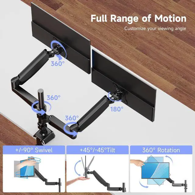 Alt view image 3 of 7 - UPERFECT Dual - Arm Pneumatic Monitor Mount - VESA Compatible, 360° Rotation, for 13"-32" Displays, 2 - 9KG Load Black Dual Monitor Desk Mount Adjustable Stand, Fits Screens up to 32"