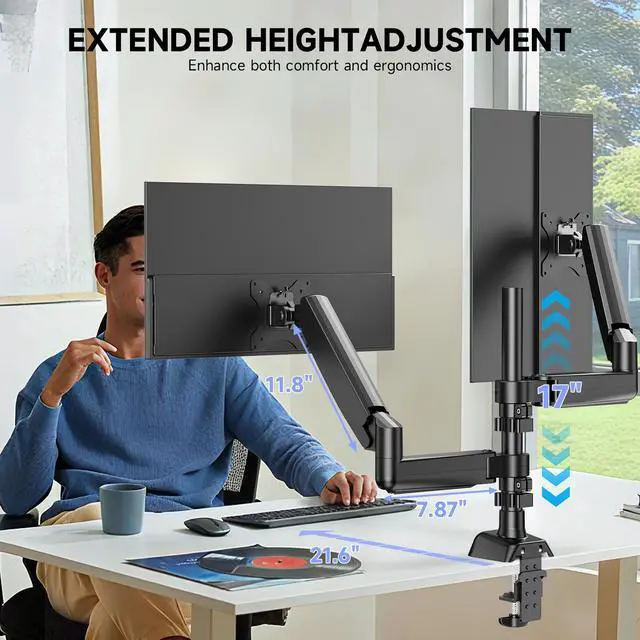 Alt view image 4 of 7 - UPERFECT Dual - Arm Pneumatic Monitor Mount - VESA Compatible, 360° Rotation, for 13"-32" Displays, 2 - 9KG Load Black Dual Monitor Desk Mount Adjustable Stand, Fits Screens up to 32"