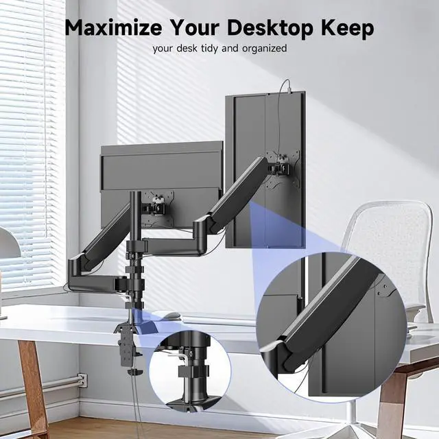 Alt view image 5 of 7 - UPERFECT Dual - Arm Pneumatic Monitor Mount - VESA Compatible, 360° Rotation, for 13"-32" Displays, 2 - 9KG Load Black Dual Monitor Desk Mount Adjustable Stand, Fits Screens up to 32"