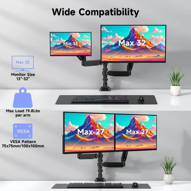 Alt view image 6 of 7 - UPERFECT Dual - Arm Pneumatic Monitor Mount - VESA Compatible, 360° Rotation, for 13"-32" Displays, 2 - 9KG Load Black Dual Monitor Desk Mount Adjustable Stand, Fits Screens up to 32"