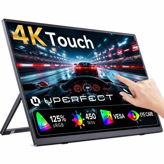 Main image of UPERFECT 15.6" 4K Portable Touchscreen Monitor, 3840x2160 UHD 125% sRGB 450 Nits, 10-Point Touch, 2000:1 Contrast, USB-C & Mini HDMI, VESA & Built-in Stand, Second Screen for Laptop PC Game Consoles