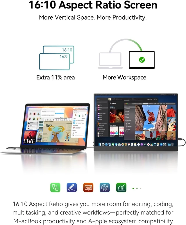 Alt view image 4 of 7 - UPERFECT 16" 4K QLED Gaming Portable Touchscreen Monitor, 3840x2400 120Hz 0.1ms FreeSync, 145% sRGB 600 Nits HDR, 2000:1, 16:10, USB-C/Mini HDMI, VESA 75x75mm