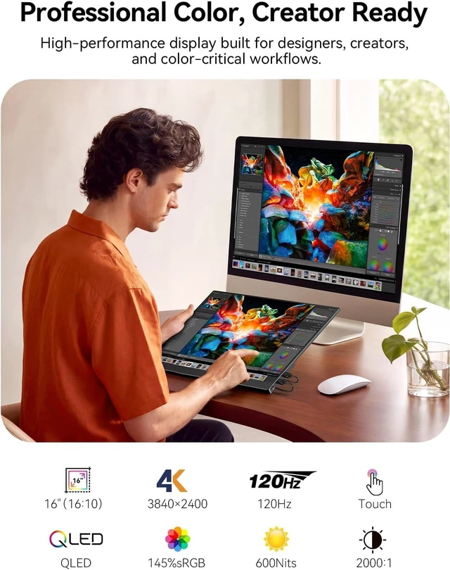 Alt view image 2 of 7 - UPERFECT 16" 4K QLED Gaming Portable Touchscreen Monitor, 3840x2400 120Hz 0.1ms FreeSync, 145% sRGB 600 Nits HDR, 2000:1, 16:10, USB-C/Mini HDMI, VESA 75x75mm