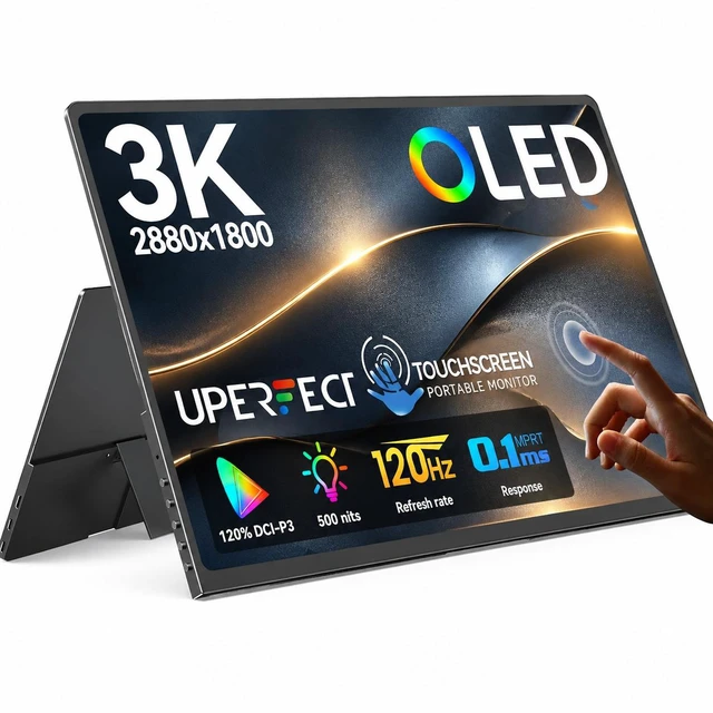 Main image of UPERFECT GR14BU 14" OLED Touchscreen Portable Monitor, 3K 2880x1800 120Hz, 0.1ms, 500 Nits, 120% DCI-P3, 500000:1, USB-C/HDMI, Ultra-Slim Metal for Laptop Mini PC Phone Game Consoles