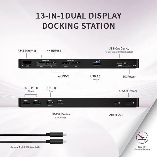 Alt view image 3 of 5 - Maxtek USB 3.1 Gen 2 Dual 4K Universal Docking Station w/PD, USB-A, USB-C, HDMI, DisplayPort, Gigabit Ethernet, Audio in/Out, Kensington Lock (MX-DS-U3901)