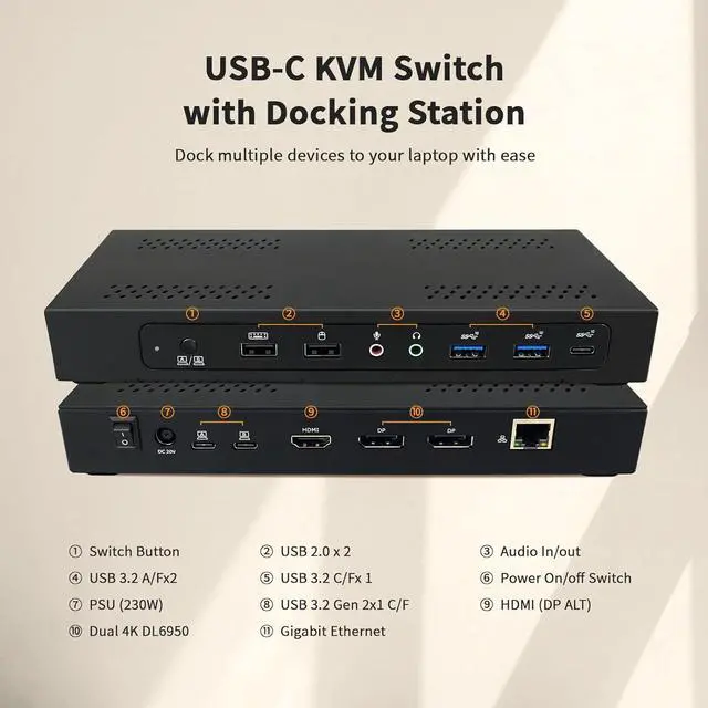 Alt view image 4 of 7 - Maxtek USB 3.2 Gen 2x1 Dual Host Triple 4K Universal Docking Station w/PD, USB-A, USB-C, HDMI, DisplayPort, Gigabit Ethernet, Audio in/Out, KVM Sharing (MX-DS-U3B01)