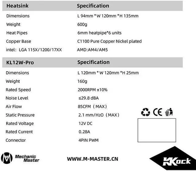 Alt view image 3 of 3 - Mechanic Master KK135 CPU Cooler 6 Heat 135mm Height Pipes Dual-Tower CPUAir Cooler with 120mm PWM Fan TDP 210W, CPU Fan for Intel 1700/1200/115X.AMD AM5/AM4 White