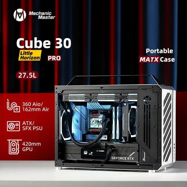 Alt view image 2 of 7 - Mechanic Master C30Pro Compact MATX Case - Reverse Connector Motherboard Support, 360mm AIO Compatibility, RAM Cooling Fan Bracket, Portable Handle,4-Slot Design (Moonlight Silver)