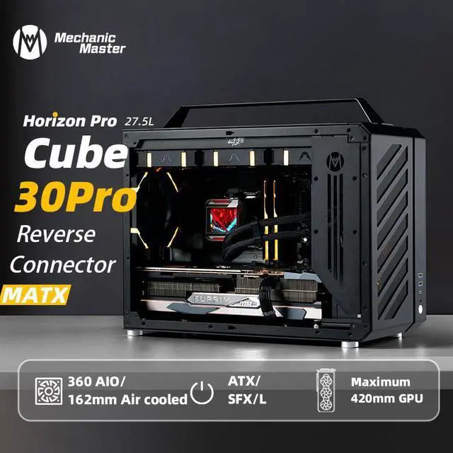 Alt view image 3 of 6 - Mechanic Master C30Pro Compact MATX Case - Reverse Connector Motherboard Support, 360mm AIO Compatibility, RAM Cooling Fan Bracket, Portable Handle,4-Slot Design (Elegant black)