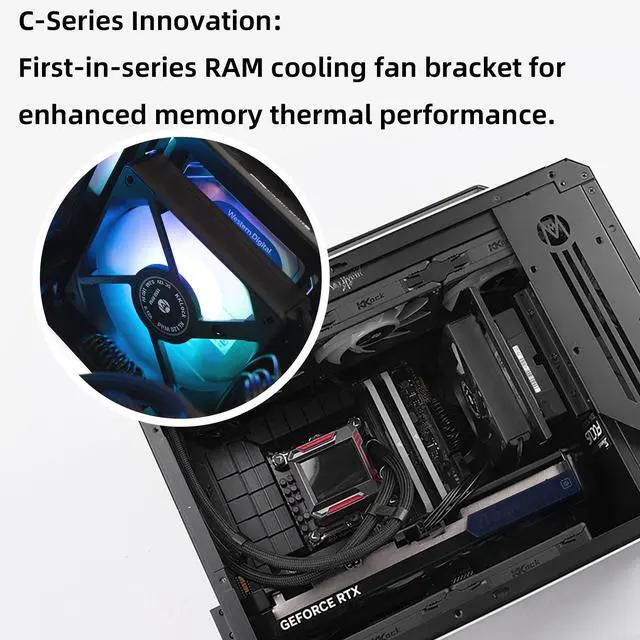 Alt view image 5 of 6 - Mechanic Master C30Pro Compact MATX Case - Reverse Connector Motherboard Support, 360mm AIO Compatibility, RAM Cooling Fan Bracket, Portable Handle,4-Slot Design (Elegant black)