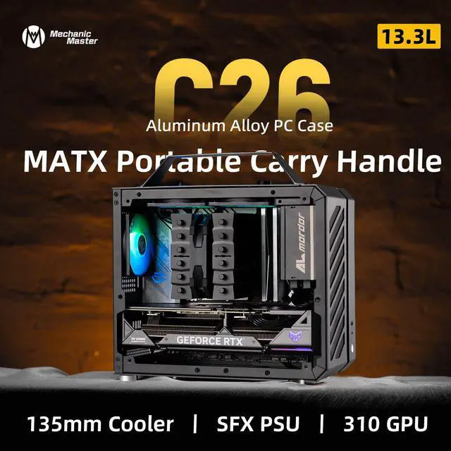 Alt view image 2 of 7 - Mechanic Master C26 Soundwave 13.3L Portable MATX Mini PC Case | Aluminum Chassis with Carry Handle, Supports SFX PSU, 310mm GPU, 135mm Air Cooler, Compact Travel Deskt