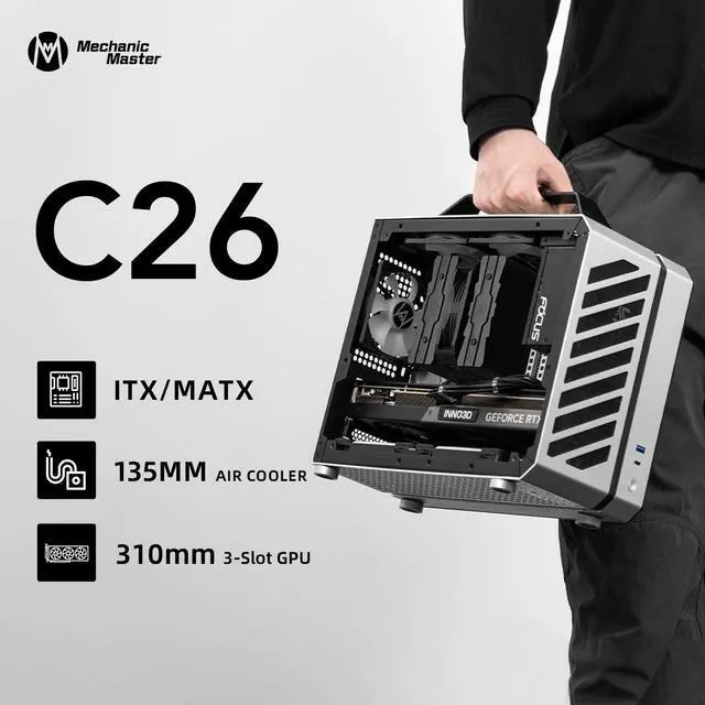 Alt view image 2 of 7 - Mechanic Master C26 Soundwave 13.3L Portable MATX Mini PC Case | Aluminum Chassis with Carry Handle, Supports SFX PSU, 310mm GPU, 135mm Tower Air Cooler, Compact Travel Deskt
