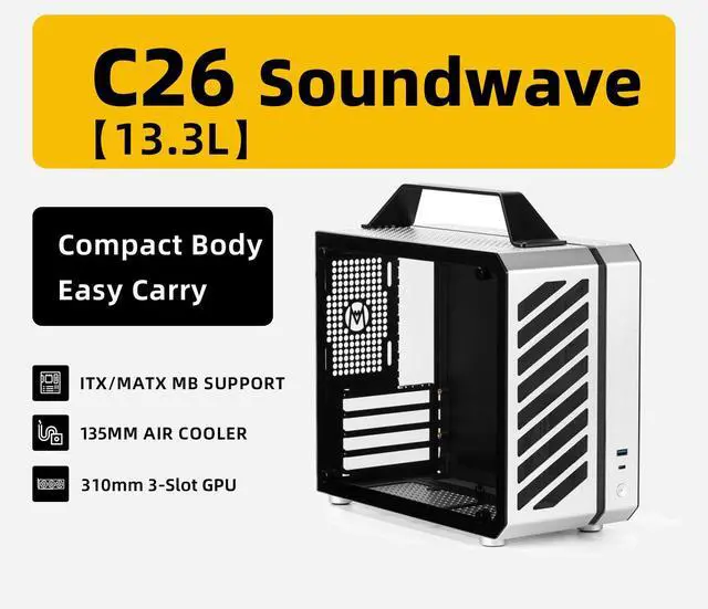 Alt view image 5 of 7 - Mechanic Master C26 Soundwave 13.3L Portable MATX Mini PC Case | Aluminum Chassis with Carry Handle, Supports SFX PSU, 310mm GPU, 135mm Tower Air Cooler, Compact Travel Deskt