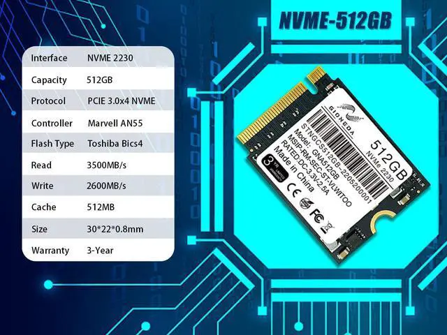 Alt view image 2 of 7 - GIONEDA 512GB M.2 2230 NVMe PCI-Express 3.0x4 Solid State Drive 3D NAND SSD for Surface Laptop 3/4, Surface Go/X/7+, Steam Deck and more