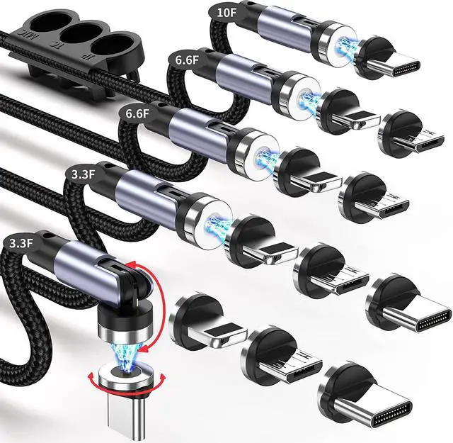 Main image of HYDOOD 540° Rotation Magnetic Charging Cable (5-Pack,10/6.6/6.6/3.3/3.3FT), 3 in 1 Magnetic Phone Charger with LED Light Compatible with Micro USB, Type C and iProduct Device Black Nylon-Braided Cord