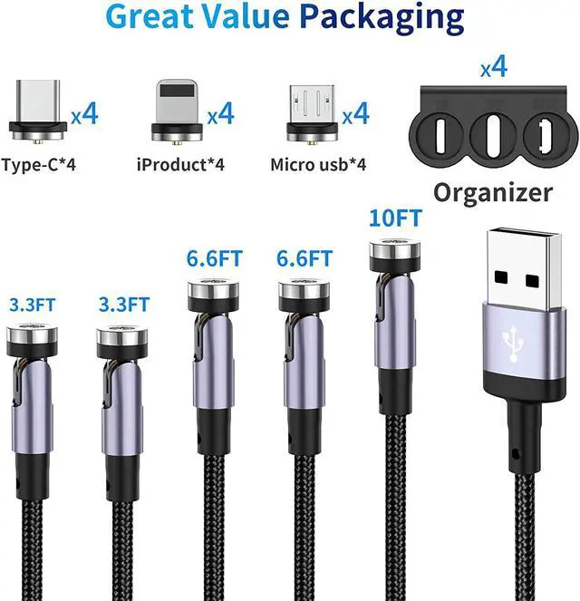 Alt view image 6 of 7 - HYDOOD 540° Rotation Magnetic Charging Cable (5-Pack,10/6.6/6.6/3.3/3.3FT), 3 in 1 Magnetic Phone Charger with LED Light Compatible with Micro USB, Type C and iProduct Device Black Nylon-Braided Cord