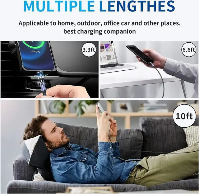 Alt view image 5 of 7 - HYDOOD 540° Rotation Magnetic Charging Cable (5-Pack,10/6.6/6.6/3.3/3.3FT), 3 in 1 Magnetic Phone Charger with LED Light Compatible with Micro USB, Type C and iProduct Device Black Nylon-Braided Cord