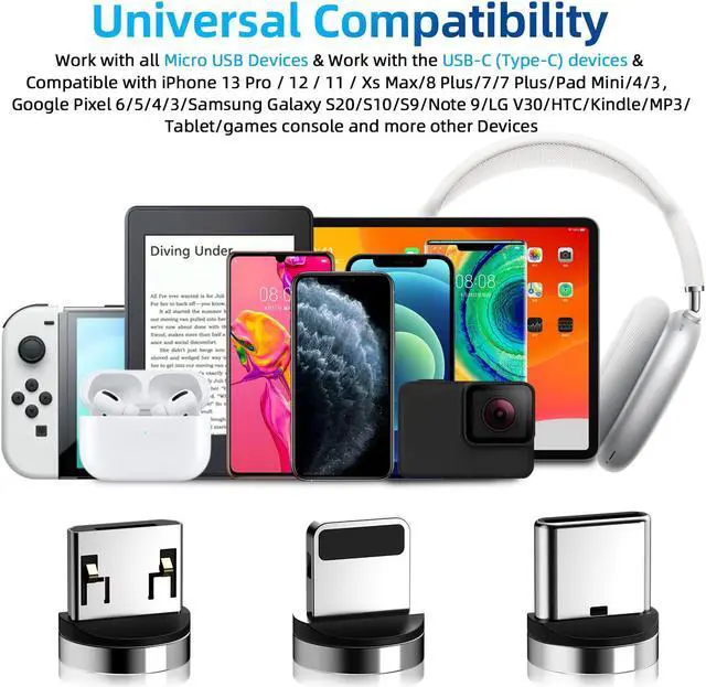Alt view image 7 of 7 - 540° Rotation Magnetic Charging Cable 3 in 1 Magnetic Phone Charger [4-Pack, 3ft/3ft/6ft/10ft] 3A Fast Charging Cable & Data Transfer USB Magnet Charger Cable for i-P/Micro USB/Type C Device-Purple