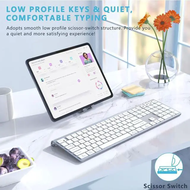 Alt view image 2 of 6 - Multi Device Bluetooth Keyboard, Rechargeable Wireless Keyboard, Lekvey 3-in-1 Slim Keyboard with Number Pad, Full Size Bluetooth Keyboard for Mac, MacBook Air/Pro, iPad, Windows Tablet Laptop, Silver