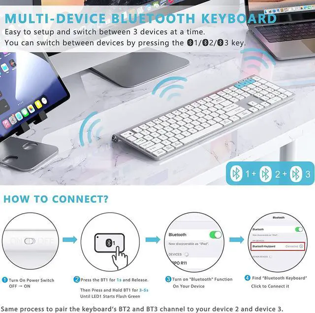 Alt view image 5 of 6 - Multi Device Bluetooth Keyboard, Rechargeable Wireless Keyboard, Lekvey 3-in-1 Slim Keyboard with Number Pad, Full Size Bluetooth Keyboard for Mac, MacBook Air/Pro, iPad, Windows Tablet Laptop, Silver