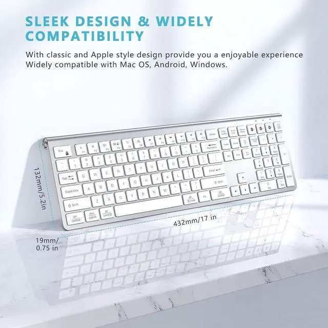 Alt view image 6 of 6 - Multi Device Bluetooth Keyboard, Rechargeable Wireless Keyboard, Lekvey 3-in-1 Slim Keyboard with Number Pad, Full Size Bluetooth Keyboard for Mac, MacBook Air/Pro, iPad, Windows Tablet Laptop, Silver