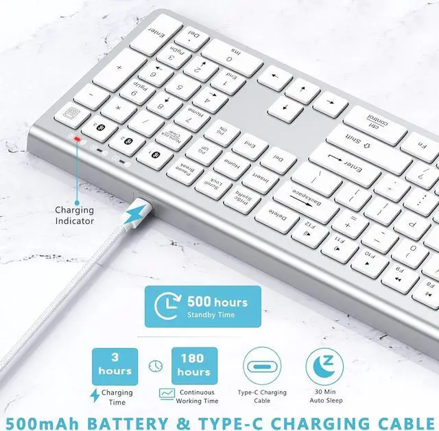 Alt view image 3 of 6 - Multi Device Bluetooth Keyboard, Rechargeable Wireless Keyboard, Lekvey 3-in-1 Slim Keyboard with Number Pad, Full Size Bluetooth Keyboard for Mac, MacBook Air/Pro, iPad, Windows Tablet Laptop, Silver