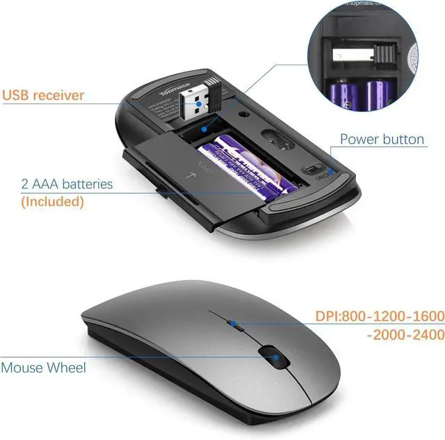 Alt view image 4 of 6 - Wireless Keyboard and Mouse Ultra Slim Combo, TopMate 2.4G Silent Compact USB 2400DPI Mouse and Scissor Switch Keyboard Set with Cover, 2 AA and 2 AAA Batteries, for PC/Laptop/Windows/Mac - Gray Black