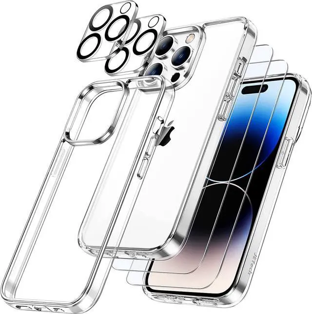 Main image of JETech 5 in 1 Case for iPhone 14 Pro Max 6.7-Inch, with 2-Pack Screen Protector and Camera Lens Protector, Non-Yellowing Shockproof Bumper Phone Cover, Full Coverage Tempered Glass Film (Clear)