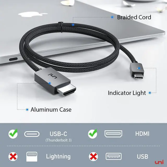 Alt view image 3 of 7 - uni USB C to HDMI Cable 10FT 4K@30Hz, USB Type C to HDMI Cable for Home Office, [Thunderbolt 3/4 Compatible] with MacBook Pro/Air, iPhone 15 Pro/Max, Galaxy S8-S23, Surface Book 2, XPS, Chromebook