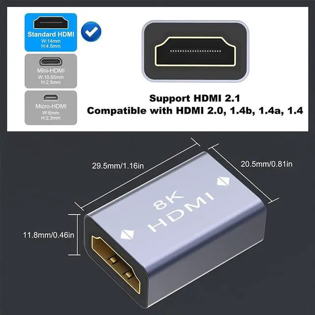 Alt view image 3 of 7 - HDMI Coupler 8K HDMI 2.1 Female to Female Extension Adapter to Extend 2 Short Cables Support 8K@60Hz / 4K@120Hz 120UHD 3D HDR ARC Compatible with Laptop PC Monitor  TV 2 Pack