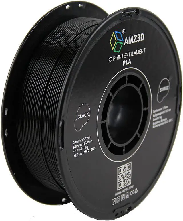 Main image of AMZ3D 1.75mm PLA 3D Printer Filament, Black, 1 Kg spool (2.2 lbs)