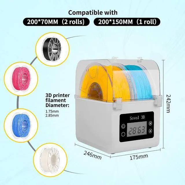 Alt view image 6 of 7 - Sovol Filament Dryer 2024, SH01 Filament Dehydrator 3D Printer Spool Holder with Upgraded Fan, Dry Box for Keeping Filament Dry, Compatible with 1.75mm, 2.85mm Filament & PLA PETG TPU ABS