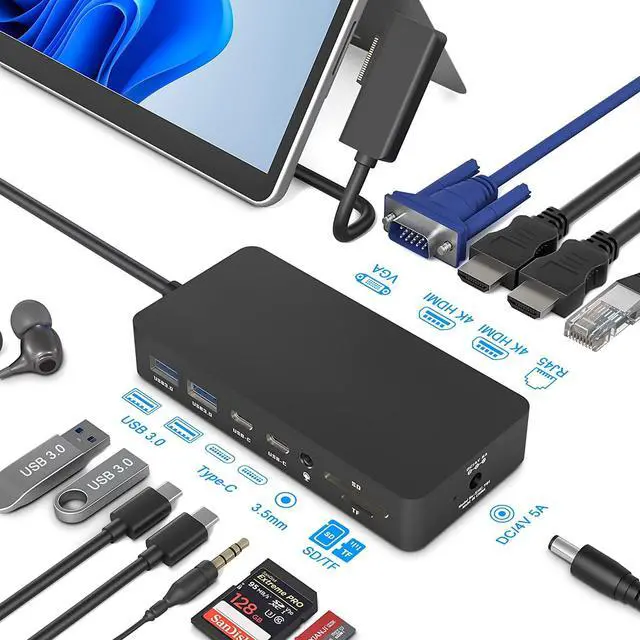 Main image of Surface Dock, Surface Pro Docking Station, 12 in 1 Triple Display Microsoft Surface Dock with 2 HDMI 4K +VGA for Surface Pro 9/8/X/7/6/5/4/3, Surface Laptop 5/go/4/3/2/1, Surface Book 3/2,Surface Book