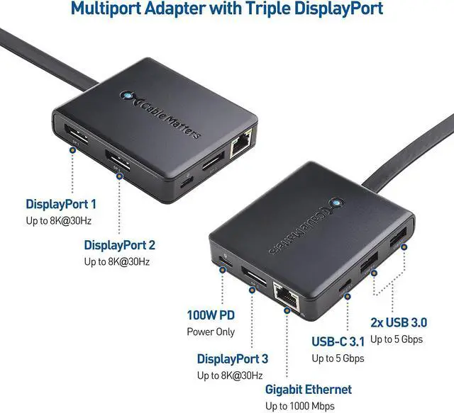 Alt view image 2 of 7 - Cable Matters Triple Monitor USB C Hub (USB C Dock) with 3X DisplayPort, USB-A and USB-C, Gigabit Ethernet, and 100W Charging - Thunderbolt 3, Thunderbolt 4, USB4 Compatible for Surface Pro, XPS