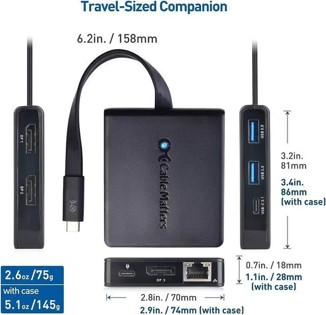 Alt view image 7 of 7 - Cable Matters Triple Monitor USB C Hub (USB C Dock) with 3X DisplayPort, USB-A and USB-C, Gigabit Ethernet, and 100W Charging - Thunderbolt 3, Thunderbolt 4, USB4 Compatible for Surface Pro, XPS