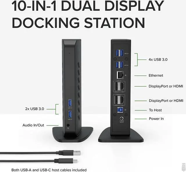 Alt view image 2 of 7 - Plugable USB 3.0 and USB-C Dual 4K Display Docking Station with DisplayPort and HDMI for Windows and Mac (Dual 4K DisplayPort & HDMI, Gigabit Ethernet, Audio, 6 USB Ports) Vertical